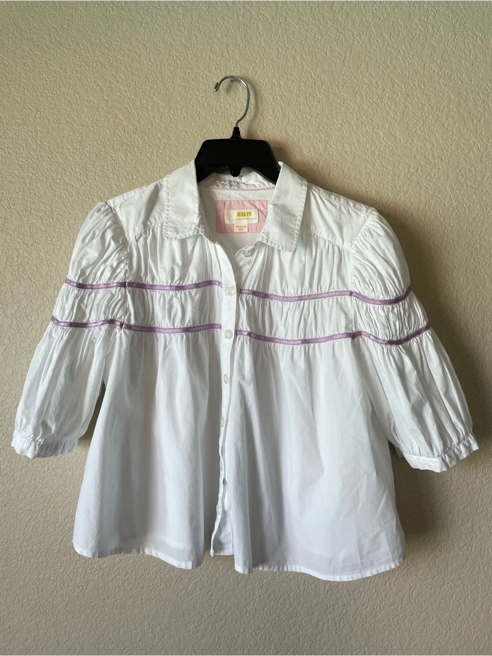 Anthropologie Maeve Leandra Yoke Shirred Blouse White Purple Ribbon Combo